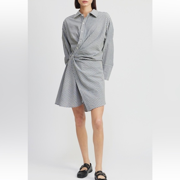 En Saison JJ Stripe Long Sleeve Cotton Blend Mini Shirtdress in Navy - Picture 1 of 7
